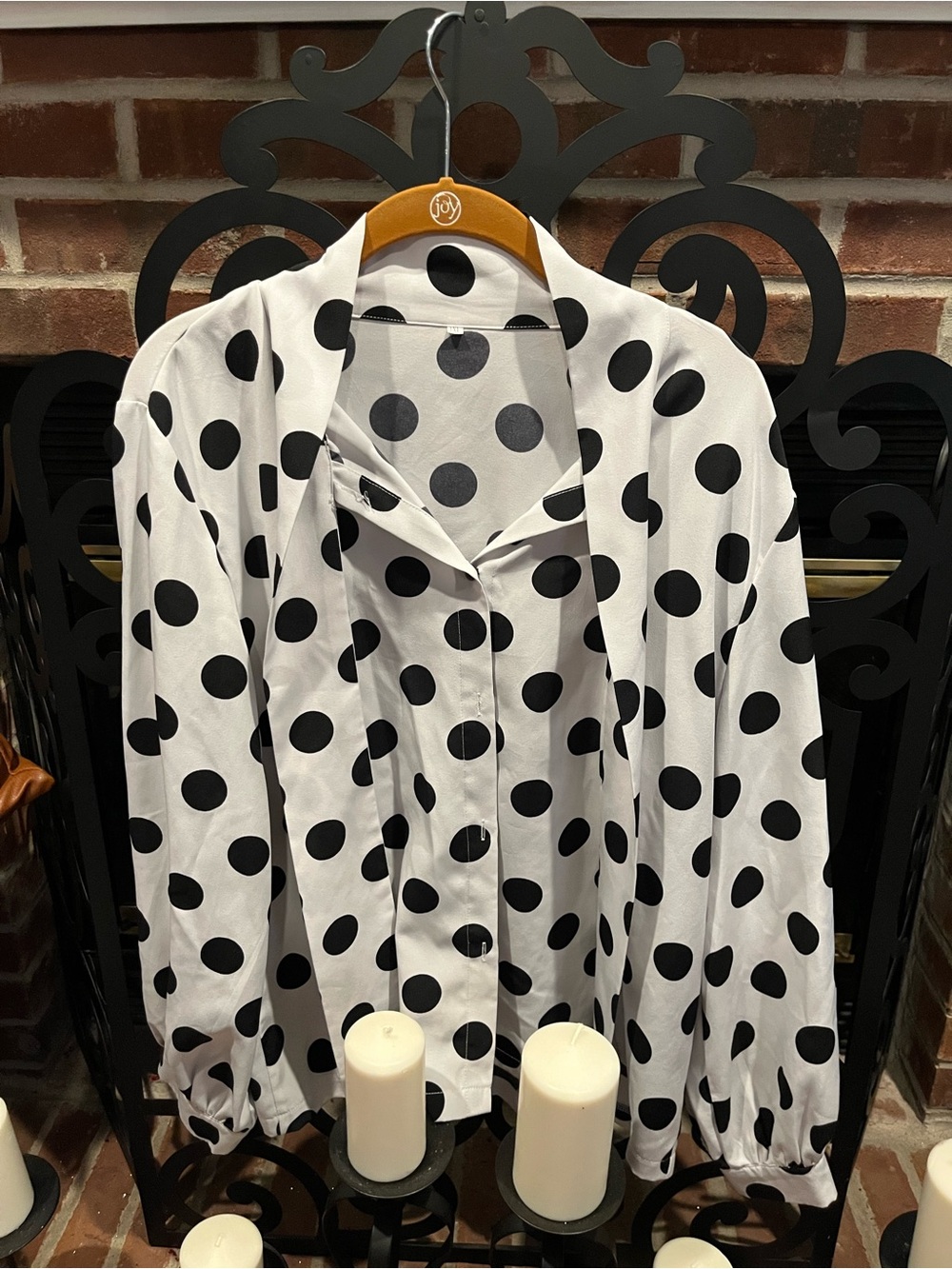 SHEIN Light Gray Polka Dot Button-Up Tie Blouse with Black Dots Size:1XL